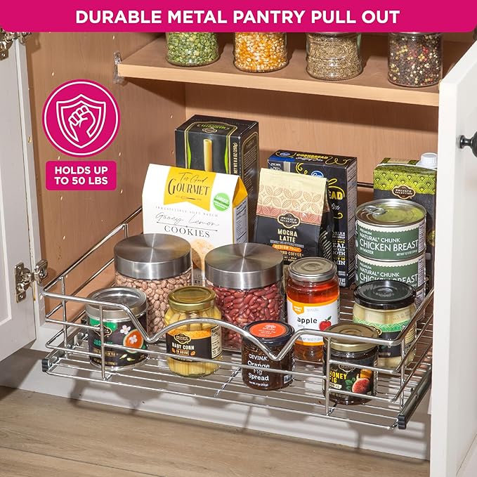 HOLDN??STORAGE Heavy-Duty Premium Collection Pull Out Cabinet Organizer, Cabinet Drawer Slide Outs, Lifetime Limited Warranty - Basket Size 20" W x 21" D x 5" H, Anti-Rust Chrome Finish