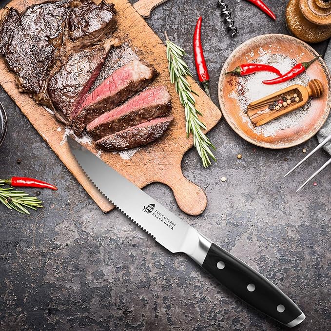 TUO Serrated Steak Knife - 5 inch Professional Kitchen Steak Knife Set 4 - Table Dinner Knife - German HC Stainless Steel Non Slip Pakkawood Handle - BLACK HAWK SERIES Including Gift Box