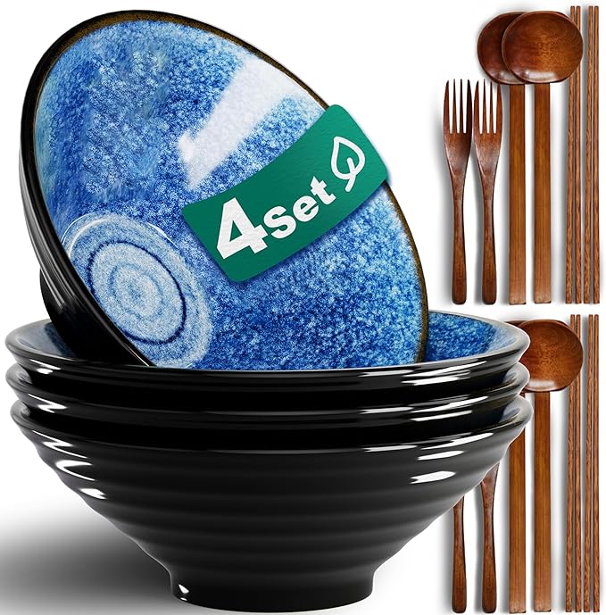 8-Inch 4 Sets Ceramic Ramen Bowl (16 Piece) - Japanese Porcelain Dishwasher Microwave Safe Salad Noodles Cereal Pasta Soup Large Bowls with Chopsticks Forks Spoons for Men Women Housewarming Gift