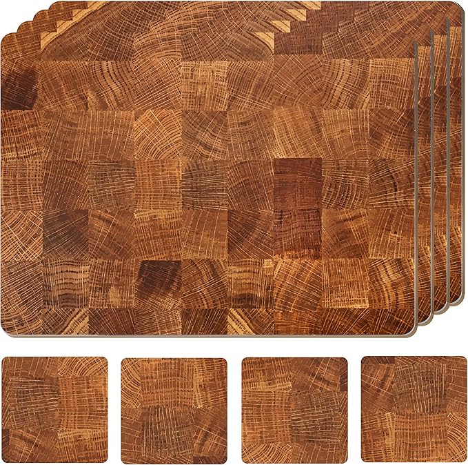 Moderry Set of 4 Heat Resistant Cork Placemats for Dining Table with Free Set of 4 Matching Drink Coasters Marble Design 16 x 12 Inches Cork Backed Hard Placemats (Honey Oak)