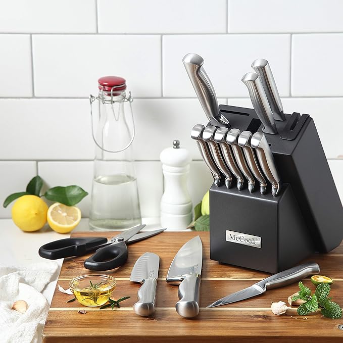 McCook짰 Knife Sets, German Stainless Steel Knife Block Sets with Built-in Sharpener