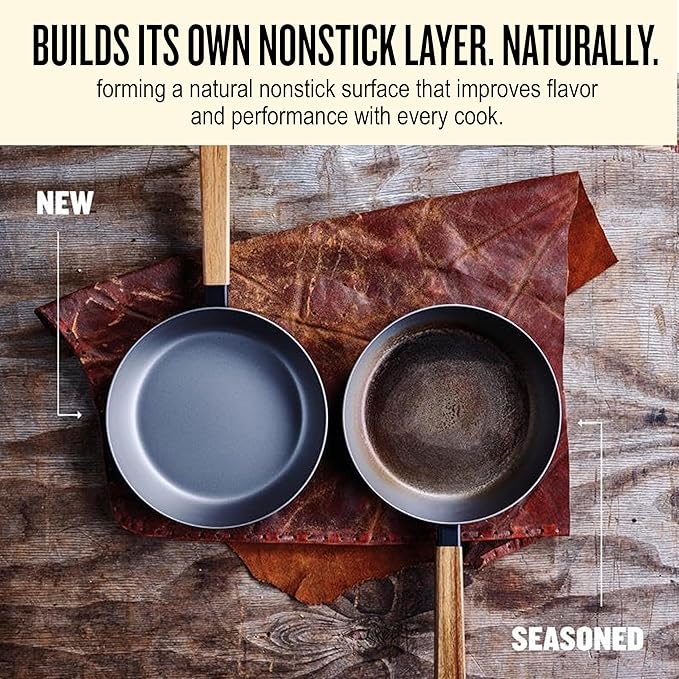 Alva Forest 8" & 11" Carbon Steel Frying Pan Set ??Naturally Nonstick, Pre-Seasoned, with Acacia Wood Handle, Made Without PTFE, PFOA, PFAS ??Sustainable Belgian Design, Induction & All-Stovetop Safe