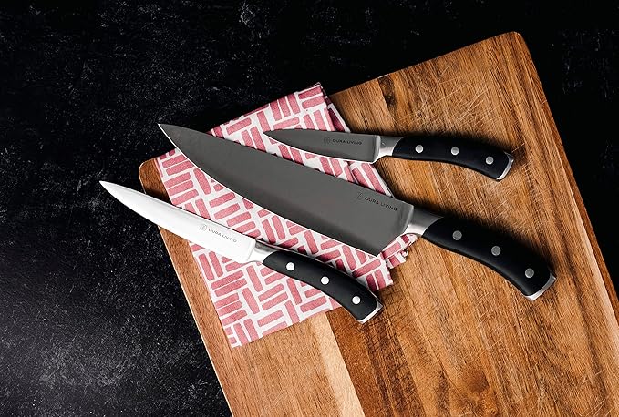DURA LIVING 3-Piece Kitchen Knife Set ??Ultra-Sharp German Stainless Steel, 8??Chef, 5??Utility, and 3.5??Paring Knives with Ergonomic Handles, Multipurpose Kitchen Knife Set, Black