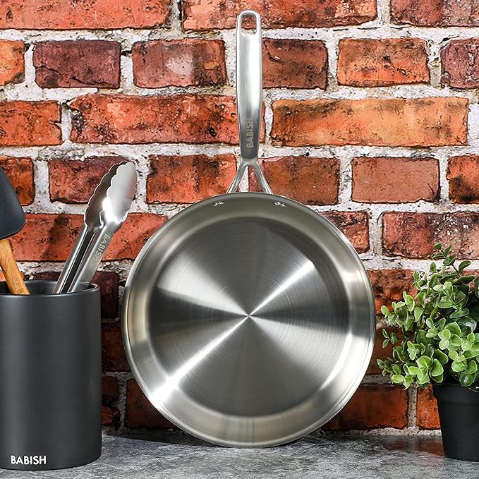 Babish 10-Inch Tri-Ply Stainless Steel Frying Pan ??Professional Grade Skillet for Searing, Saut챕ing & Everyday Cooking