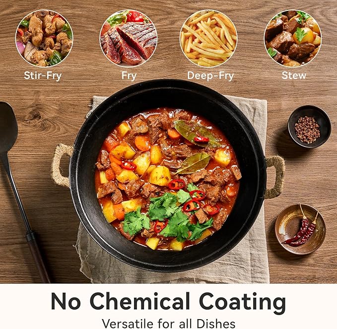 WANGYUANJI 14.2 inch Flat-Bottom Cast Iron Wok Pan with Lid, Dual Handles, Traditional Handcrafted Chinese Wok, Coating-Free, Not Pre-Seasoned ??Works with Induction/Gas/Ceramic Cooktops