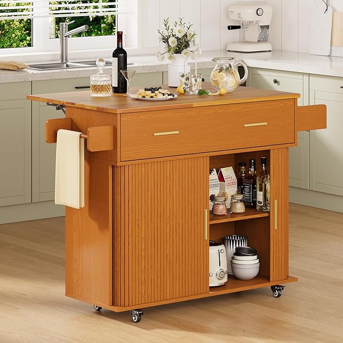 DHH Rolling Kitchen Island with Drop Leaf Countertop&Ample Storage - 39.4" Small Mobile Kitchen Cart On Wheels with Sliding Door,Drawers,Spice Rack & 2-Tier Storage (Yellow Walnut)