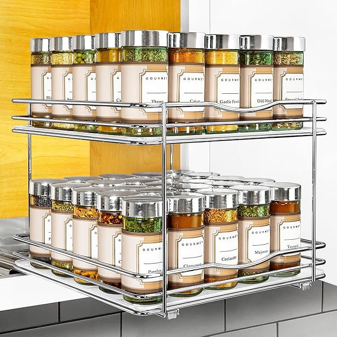 LYNK PROFESSIONAL짰 Pull Out Spice Rack Organizer for Inside Kitchen Cabinets - 10-3/8 inch Wide - Slide Out Drawer ??Chrome Sliding Spice Cabinet Organization Shelf Racks - 2 Tier