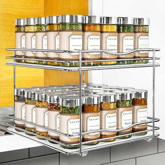 LYNK PROFESSIONAL짰 Pull Out Spice Rack Organizer for Inside Kitchen Cabinets - 10-3/8 inch Wide - Slide Out Drawer ??Chrome Sliding Spice Cabinet Organization Shelf Racks - 2 Tier