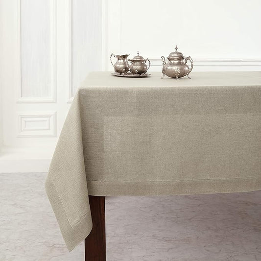 Solino Home Linen Tablecloth for Rectangle Tables 60 x 132 Inch - Classic Hemstitch 100% Pure Linen Natural Table Cloth - Machine Washable Cloth Tablecloth for Spring, Easter