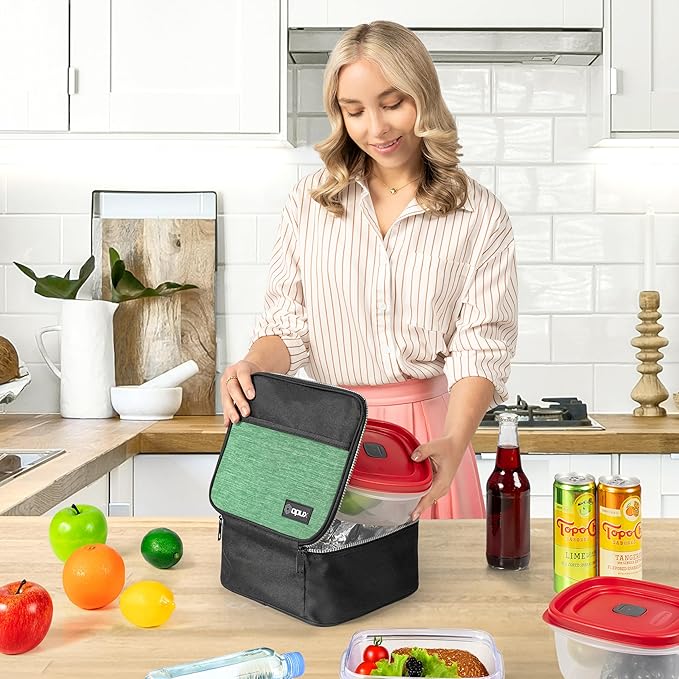 opux Insulated Lunch Bag Kids, Lunch Box for School Boy Girl, Leakproof Small Reusable Compact Soft Mini Cooler Bag, Toddler Small Lunch Boxes Kit Pail with Front Side Pockets (Green)