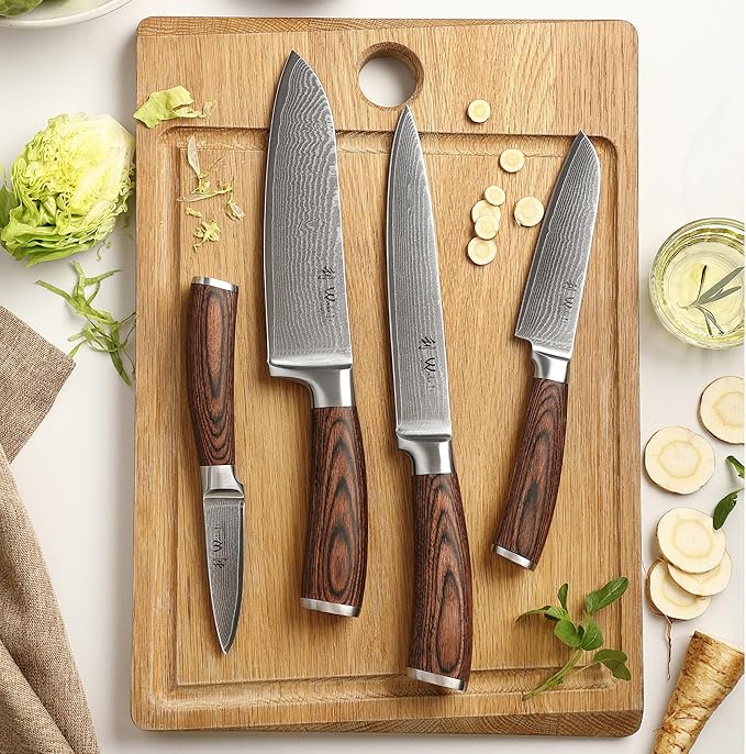 Wakoli EDIB 4-Piece Damascus Knife Block Set ??Professional Kitchen Knives with Magnetic Acacia Block, 67-Layer Damascus Steel Blades and Ergonomic Pakkawood Handles ??Premium Knife Set with Block