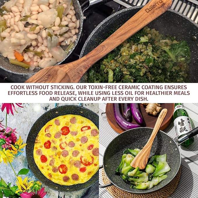 DaTerra Cucina Nonstick Dinner Party Bundle ??2.6 Qt Saucepan with Lid, 9.5" & 13" Frying Pans and 13" Wok and 8 Qt Dutch Oven with Lids, Durable Ceramic Coating, Made in Italy ??Volcanic Black