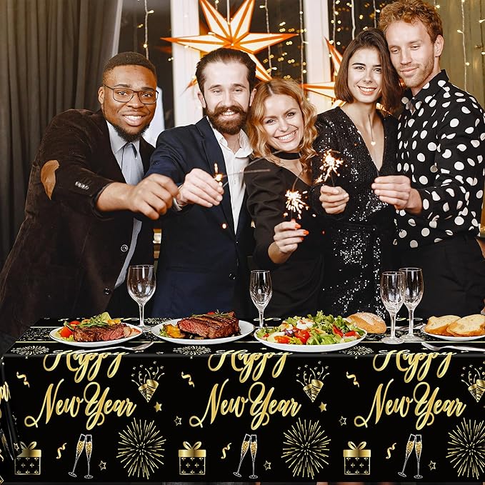 3 Pack New Years Eve Tablecloth, 108 x 54 Inches Disposable Plastic NYE Table Cover 2026, Rectangle New Years Tablecloth with Black Gold Firework Design, Waterproof Table Cover for Nye Party Supplies