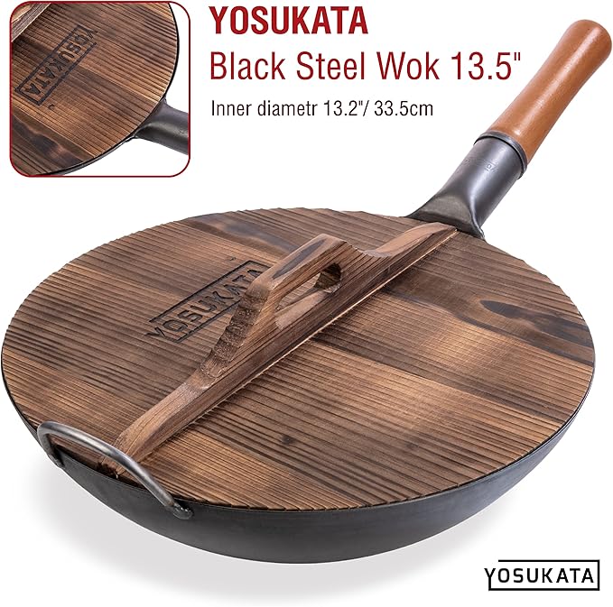 YOSUKATA Carbon Steel Wok Pan 13,5??with Premium Wok Cover 13,5 inch Pan Lid