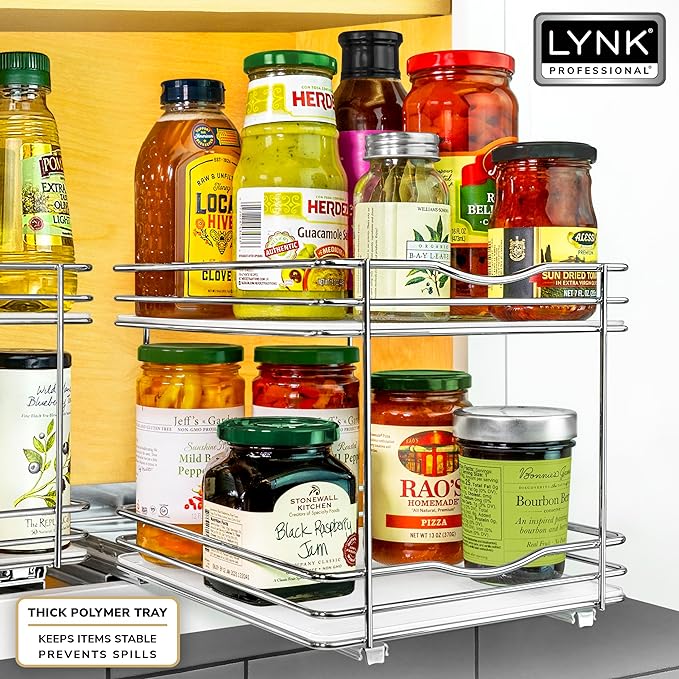LYNK PROFESSIONAL짰 Pull Out Spice Rack Organizer for Inside Kitchen Cabinets - 8-3/8 inch Wide - Slide Out Drawer ??Chrome Sliding Spice Cabinet Organization Shelf Racks - 1 Tier