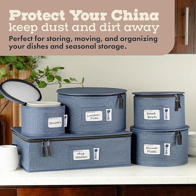 China Storage Hard Shell Containers 5-Piece Set Moving Boxes for Dinnerware, Glasses, Plates, Mugs and Saucers Sturdy Dish Organizer with Dividers for Seasonal Storage - Service for 12 - Denim Blue