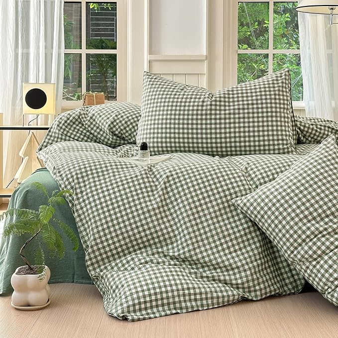 LifeTB Twin XL Comforter Set Green Gingham Comforter for Men Boys Geometric Plaid Comforter Set Grid Checkered Pattern Comforter with 2 Pillowcases Fluffy Soft Plaid Gingham Bedding Set Twin XL