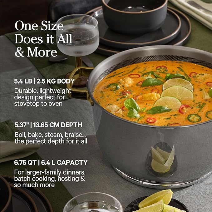 Our Place Titanium Perfect Pot Pro | 6.75 Qt Stock Pot with Lid & Silicone Spoon | PFAS-Free Nonstick, Fully-Clad Tri-Ply Stainless Steel & Aluminum | Induction & Oven-Safe up to 750째F | Gold
