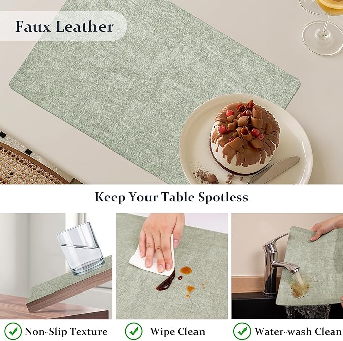 FROMHEART Faux Leather Placemats Set of 8?밯aterproof,Heat/Oil Stain-Resistant PU Table Mat?밨eversible,Non-Slip,Easy to Clean Place Mats for Kitchen,Dining,Indoor/Outdoor,(Light Green,11.8" x 17")