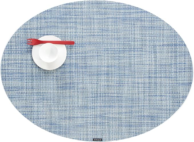 Chilewich Mini Basketweave Placemats in Chambray - Set of 4 - Easy Care Woven Tabletop Textiles - Indoor/Outdoor - 19.25" x 14" Oval