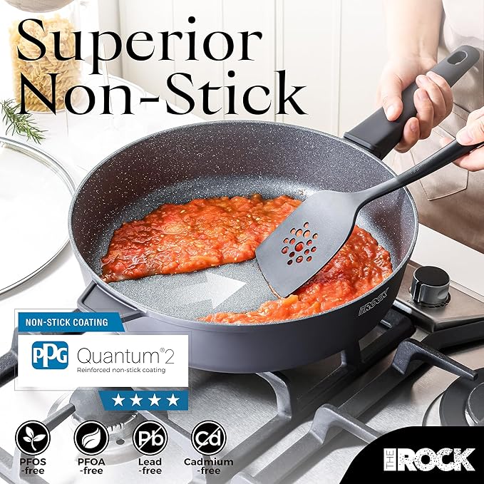 THE ROCK SOHO 4 Qt Nonstick Deep Frying Pan Skillet with Glass Lid, 11 Inch Large Deep Frying Pan, Non Stick Saute Pan ??Stay-cool Handle, Induction Compatible, Oven & Dishwasher Safe, Black