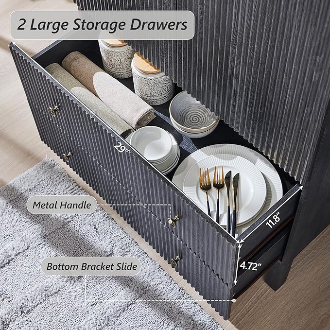 71" Tall Arched Pantry Cabinet, Fluted Kitchen Storage Cabinet with Adjustable Shelves and 2 Large Drawers, Freestanding Morden Versatile Cupboard for Living Room, Bathroom, Dark Gray