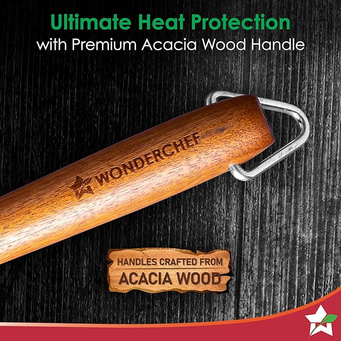 Wonderchef Pre-Seasoned Ferro Light Grill Pan 2.5MM Acacia Wooden Handles Gravity Moulding Technology No Chemical Coating 10 Year 24 cm Black