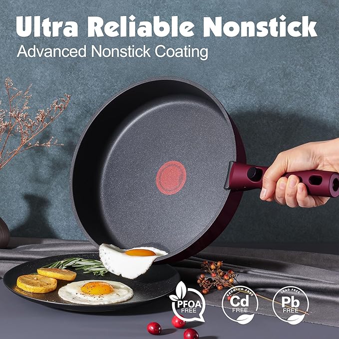 SENSARTE 17 Piece Pots and Pans Set, Nonstick Detachable Handle Cookware Set, Induction Thermo-Signal Cookware Set with Removable Handle, Healthy Non Stick for RV, Dishwasher 竊?Oven Safe (Purple)