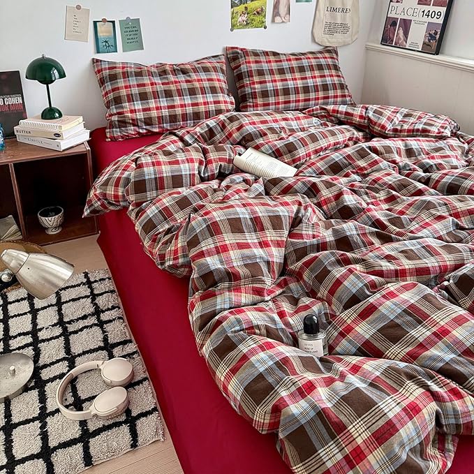 LifeTB Red Brown Plaid Comforter Set Queen, 3 Pieces Vintage Checkered Grid Bed Comforter with 2 Pillowcases, Breathable Soft Comfy Farmhouse Plaid Pattern Printed Gingham Bedding Comforter Set