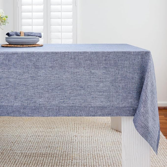 Solino Home Linen Tablecloth 60 x 108 Inch - 100% Pure Linen Chambray Indigo Table Cloth for Rectangle Tables - Athena, Machine Washable Tablecloth for Spring, Easter