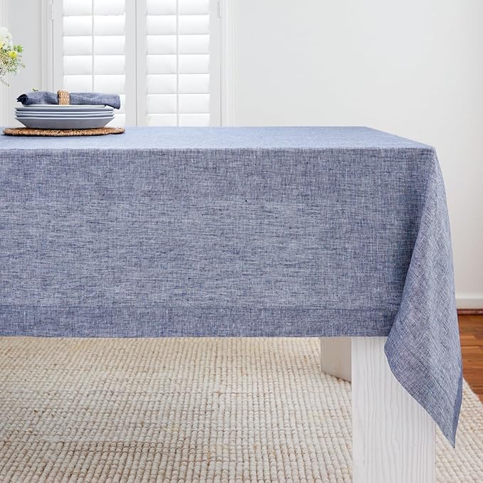 Solino Home Linen Cloth Tablecloth 52 x 52 Inch - 100% Pure Linen Chambray Indigo Square Tablecloth - Athena, Machine Washable Table Throw for Spring, Easter