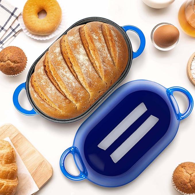 Homikit Enameled Cast Iron Dutch Oven for Bread Baking, 2.8 QT Oval Bread Oven Pot with Lid, Sourdough Loaf Iron Dutch Oven Pan for Roasting Cooking, Blue & Heavy Duty
