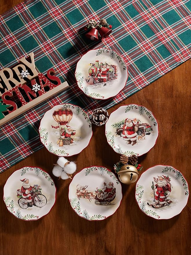 Bico Santa On The Way Scalloped Appetizer Plates Set of 6, 6 Inch Small Ceramic Dessert Plates for Snacks, Salad, Tablescape, Microwave and Dishwasher Safe, Gift for Housewarming and Thanksgiving