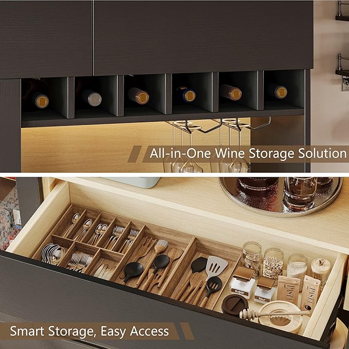 iPormis 69" Tall Kitchen Pantry Storage Cabinet with LED Light & Outlet, Kitchen Hutch with Microwave Stand & Wine Rack & Glass Door & Adjustable Shelf, Coffee Bar Hutch with Countertop, Black