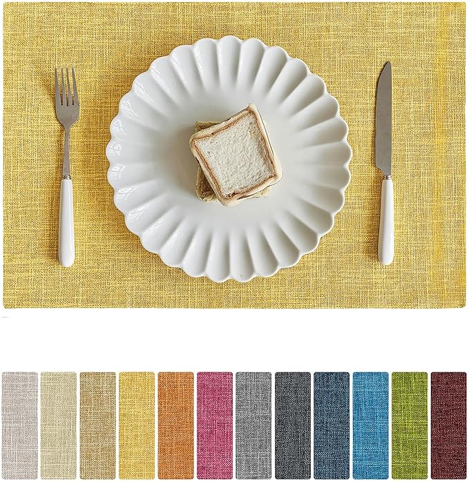Softalker Faux Linen Placemats Set of 12-12 x 18 Inch, Heat Resistant Double Layered Durable Burlap Farmhouse Place Mats, Non-Slip Washable Rustic Table Mats for Dining, Kitchen, Party竊늍ellow