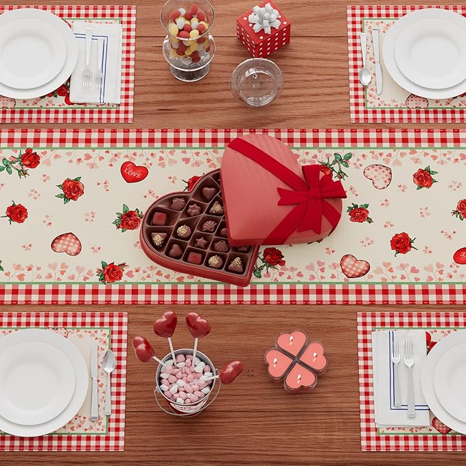XCHI Plaid Roses Flowers Love Hearts Cardinal Valentine's Day Table Runner Table Decoration for Party Home Kitchen Dining Holiday Decor 13x108 Inch