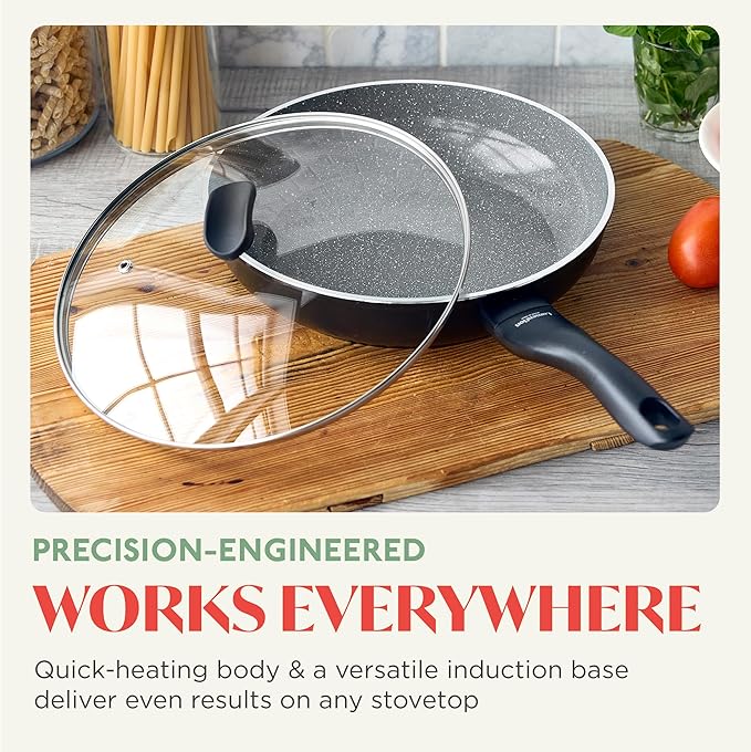 Rigoletto 3.1QT Nonstick Saut챕 Pan & Lid, Made in Italy, Layered Ceramic PFAS-Free Surface, Induction Ready, Dishwasher & Metal Utensil Safe, Granite Finish, Stay-Cool Handle, Black