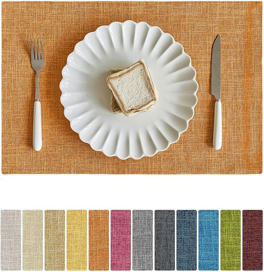 Softalker Faux Linen Placemats Set of 8-12 x 18 Inch, Heat Resistant Double Layered Durable Burlap Farmhouse Place Mats, Non-Slip Washable Rustic Table Mats for Dining, Kitchen, Party竊늀range