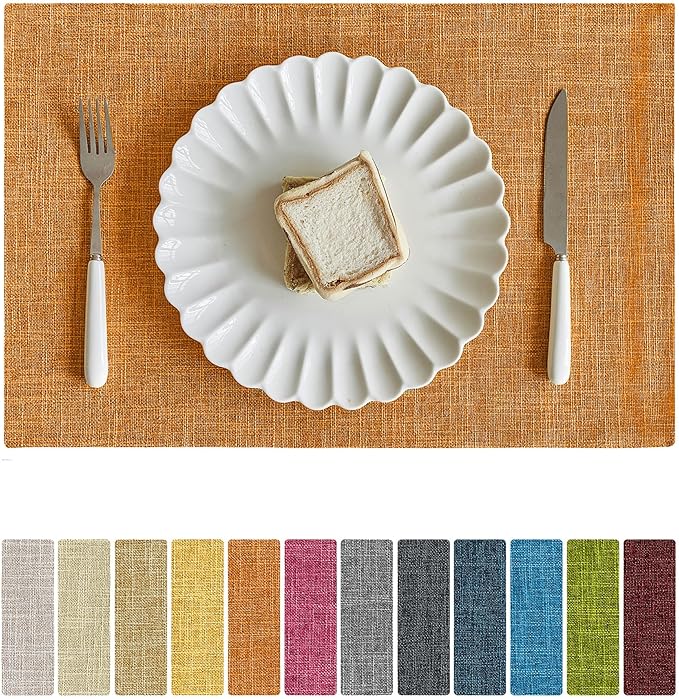 Softalker Faux Linen Placemats Set of 4-12 x 18 Inch, Heat Resistant Double Layered Durable Burlap Farmhouse Place Mats, Non-Slip Washable Rustic Table Mats for Dining, Kitchen, Party竊늀range