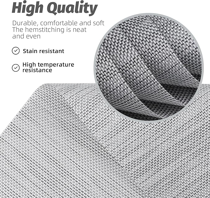 Sliver White Placemats Set of 8 Durable Heat Resistant Non-Slip Washable Place Mats PVC Vinyl Woven Table Mats for Dining Table Size 12 x 17 Inch