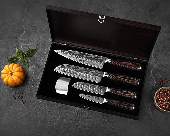 Wakoli EDIB Essentials 4-Piece Damascus Knife Set ??Professional Kitchen Knives with VG10 Core, 67-Layer Damascus Steel Blades ??Santoku, Chef, Small Santoku & Paring Knife with Pakkawood Handles