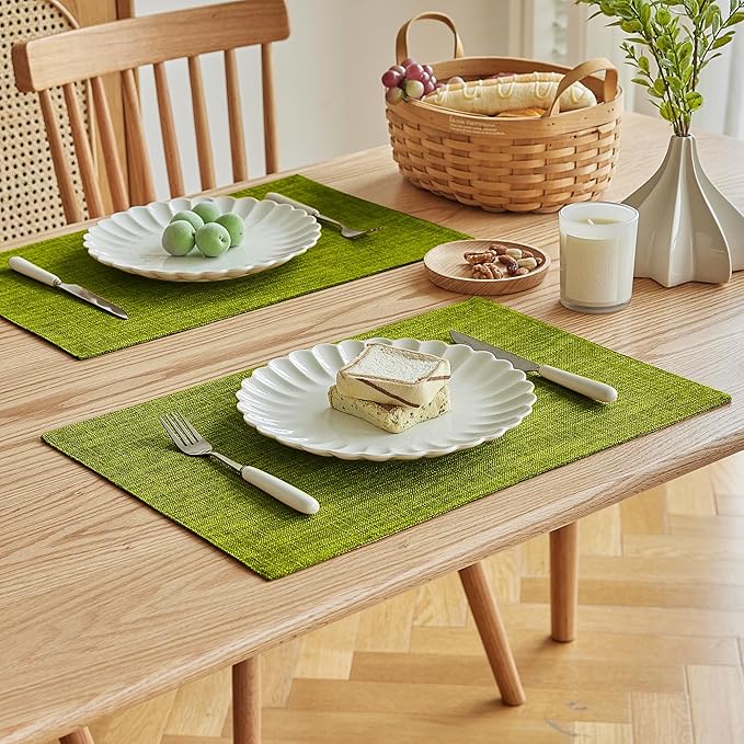 Softalker Faux Linen Placemats Set of 8-12 x 18 Inch, Heat Resistant Double Layered Durable Burlap Farmhouse Place Mats, Non-Slip Washable Rustic Table Mats for Dining, Kitchen, Party竊뉽ime Green