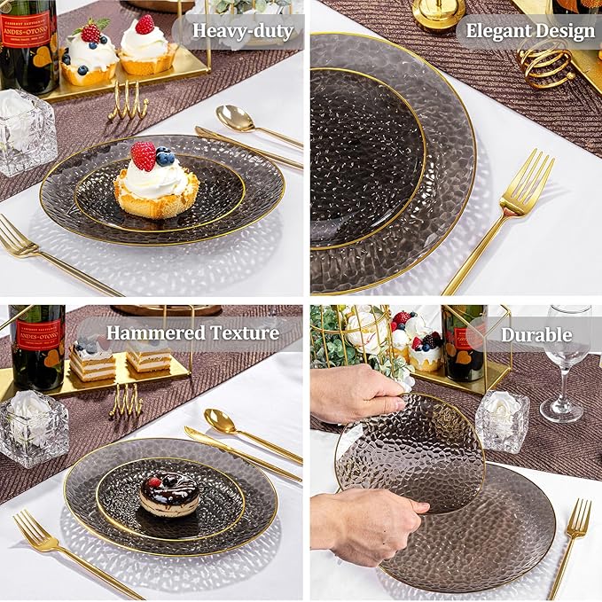 SUT 36Pcs Black Plastic Plates, Hammered Plates Disposable Heavy Duty, Black Disposable Plates With Gold Rim, Fancy Plastic plates Include 18 Dinner plate and 18 Dessert plate for Party