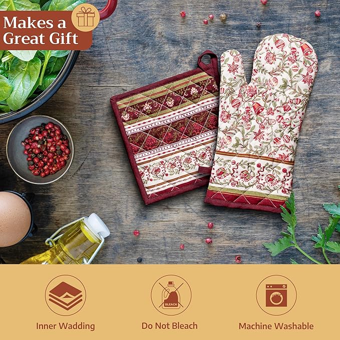 Maison d' Hermine Oven Gloves 100% Cotton Oven Mitt 7" x 13" with Loop Heat Resistant Cooking Gloves for Thanksgiving Christmas Decorations Baking Handling Hot Pans (Pack of 1, Reveillon Au Jardin)