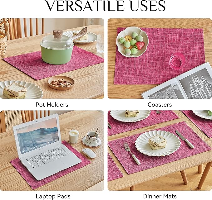 Softalker Faux Linen Placemats Set of 6-12 x 18 Inch, Heat Resistant Double Layered Durable Burlap Farmhouse Place Mats, Non-Slip Washable Rustic Table Mats for Dining, Kitchen, Party竊늁ink