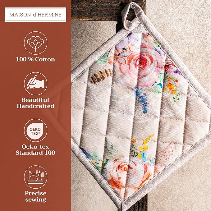 Maison d' Hermine Pot Holders 100% Cotton Heat Resistant Potholders 8" x 8" Hot Pads with Loop BBQ, Cooking, Baking, Grilling, Kitchen, Handling Hot Pans Spring/Summer (Pack of 1, Ibiza - Beige)