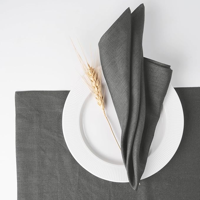 D'Moksha Homes Linen Placemats Set of 6 - Classic Hemstitch Charcoal Grey Placemats 14 x 19 Inch - 100% Pure Linen Table Mats for Spring, Easter - Handcrafted and Machine Washable