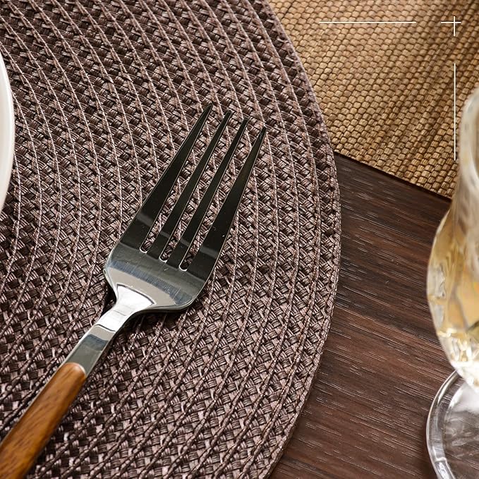 FunWheat Round Braided Placemats Set of 6 Table Mats for Dining Tables Woven Washable Non-Slip Place mats 15 inch (Brown, 6pcs)
