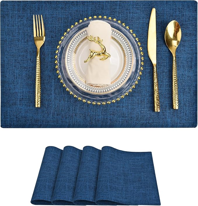 SLKQG Navy Linen-Look Fabric Placemats Set of 4, Heat Resistant & Machine Washable Double-Layered Cloth Placemats for Dining Table, Indoor/Outdoor Use, Non-Slip Kitchen Table Mats (4, Navy)