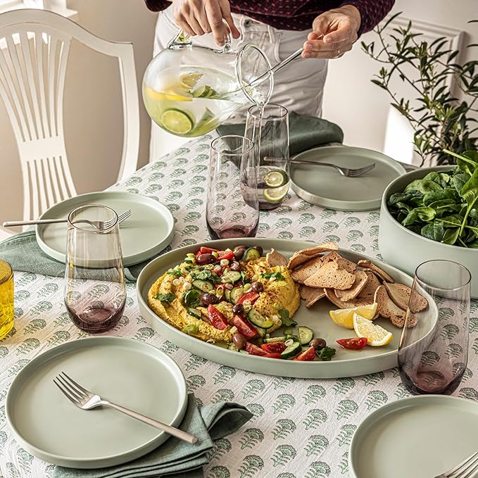 Over&Back Stackable Stoneware Serving Platter - Elegant 1-Piece Oval Serving Platter to Complete Your Kitchen Set - Perfect for Appetizers, Desserts, and More - 16" L x 11" W - Semi-Matte Sage